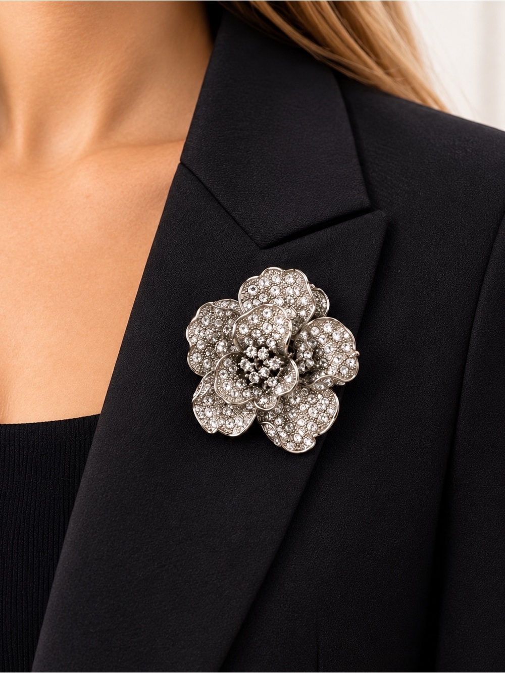 Vintage Metallic Silver & Crystal Flower Brooch Pin